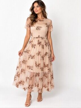 Beautiful Women's Beige Party Dress Sequin Sheer Romantic Feminine Size S